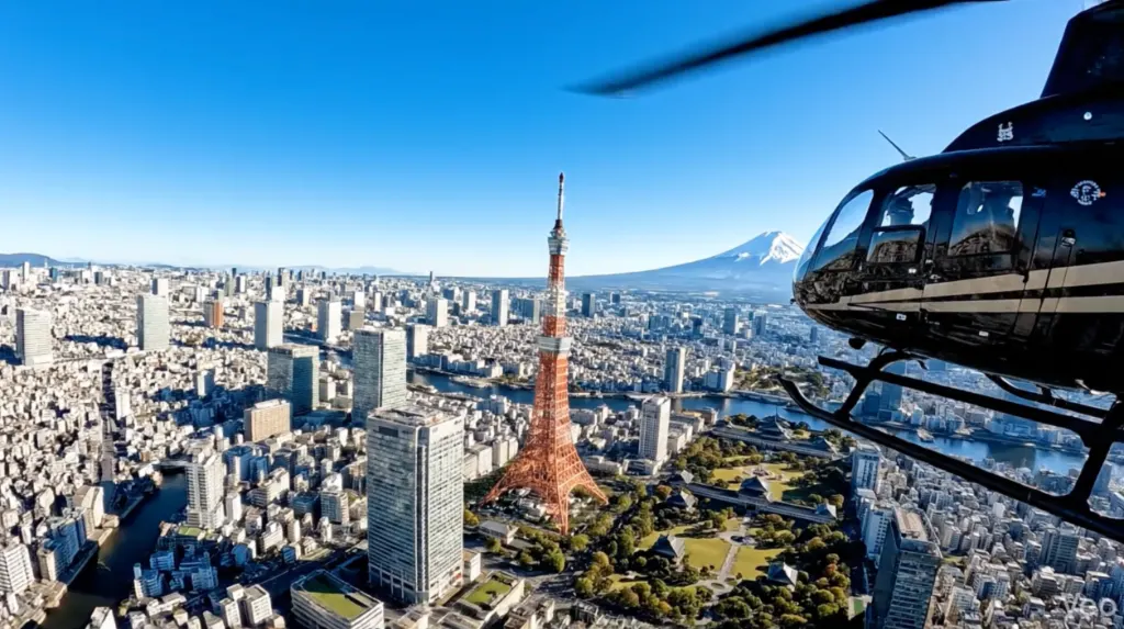 Aerial View of Tokyo Skyline with Helicopter